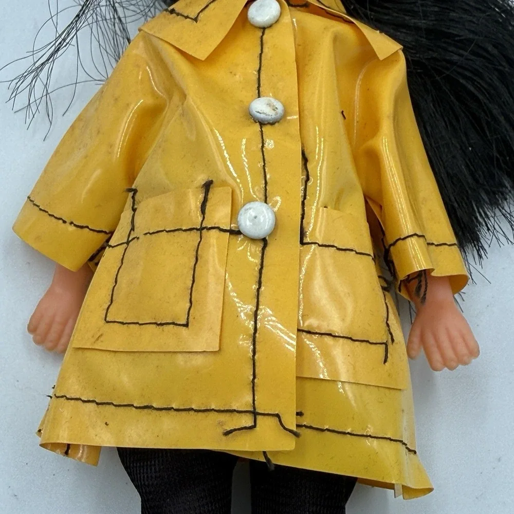 Vintage 1960s Susie Sad Eyes Doll Black Hair Yellow Vinyl Raincoat Outfit 8 inch